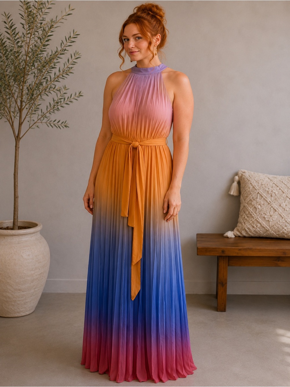 Flying Tomato Ombre Halter Maxi Dress in Pink, Oranges & Blue
